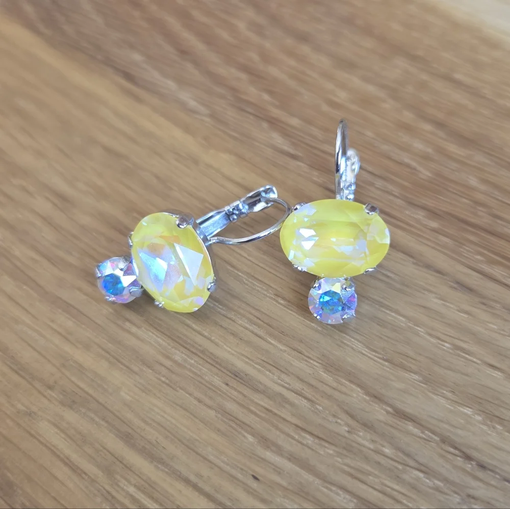 Silver Leverback Earrings with Yellow Sunshine Delite Crystals - Hand Crafted